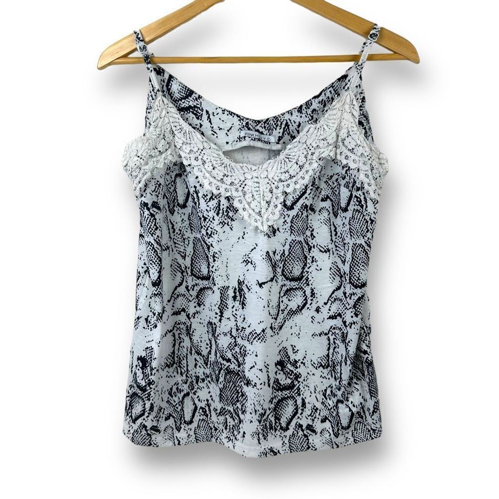Pink Milly Women's Size L Snakeskin Print Cami Tank Black White‎ With Lace Trim